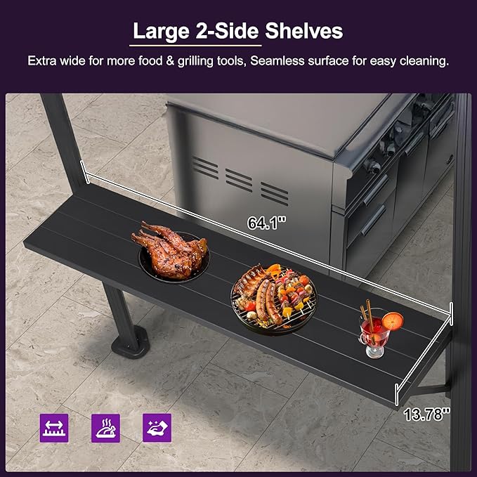 PURPLE LEAF 6.5' X 10' Hardtop Grill Gazebo for Patio Permanent Aluminum Barbeque Shelter Gazebo Canopy with Ceiling Hook and Shelves Double Tiered Grey Outdoor BBQ