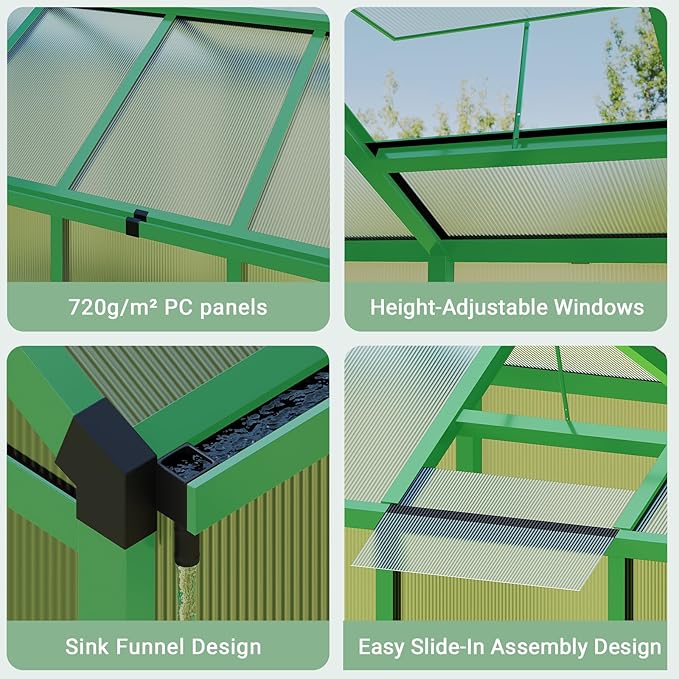 Greenhouse, 6x10 Ft Outdoor Greenhouses, Accessible Green House with Roof Vents and Sliding Doors, Aluminum Frame Polycarbonate Greenhouses, Large Greenhouse for Outdoor Gardens and Backyards, Green