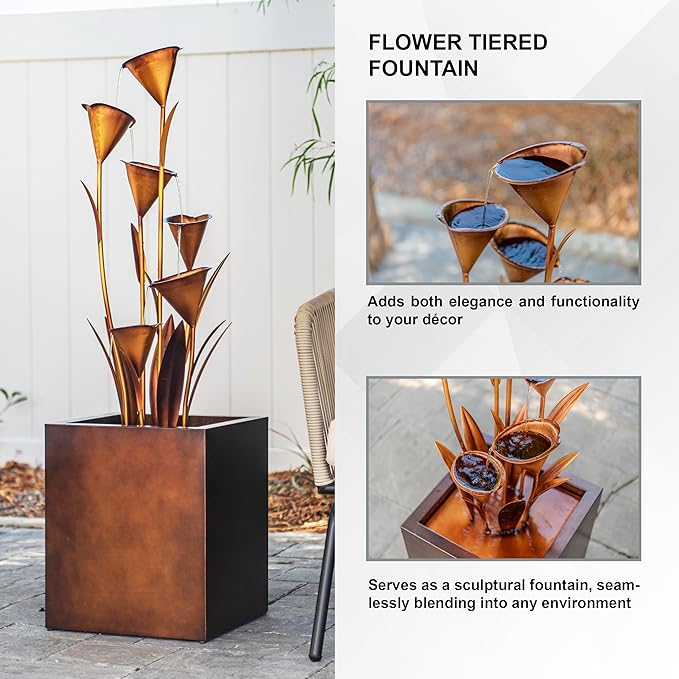 XBrand Metal Sculptural Multi-Tiered Flower Water Fountain, Bronze, 46" Tall