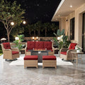 7 Pieces Patio Furniture Set with Fire Pit Table, Wicker Rattan Outdoor Furniture Set with Swivel Rocker Chairs for Yard, Deck, Garden, Yellow/Red