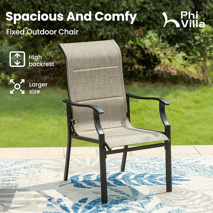 PHI VILLA Outdoor Dining Chairs Set of 2, High Back Textilene Fabric Padded Armchairs with E-Coated Steel Frame for Patio, Porch, Deck, Yard