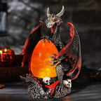 Evil Dragon Snow Globe Statue, Illuminated Water Filled Egg, Rotating Mist Effect, Skull-Embedded Base, Fire Dragon Egg Glow with 6H Timer, Battery Operated, Unique Halloween Snow Globe Holiday Decor