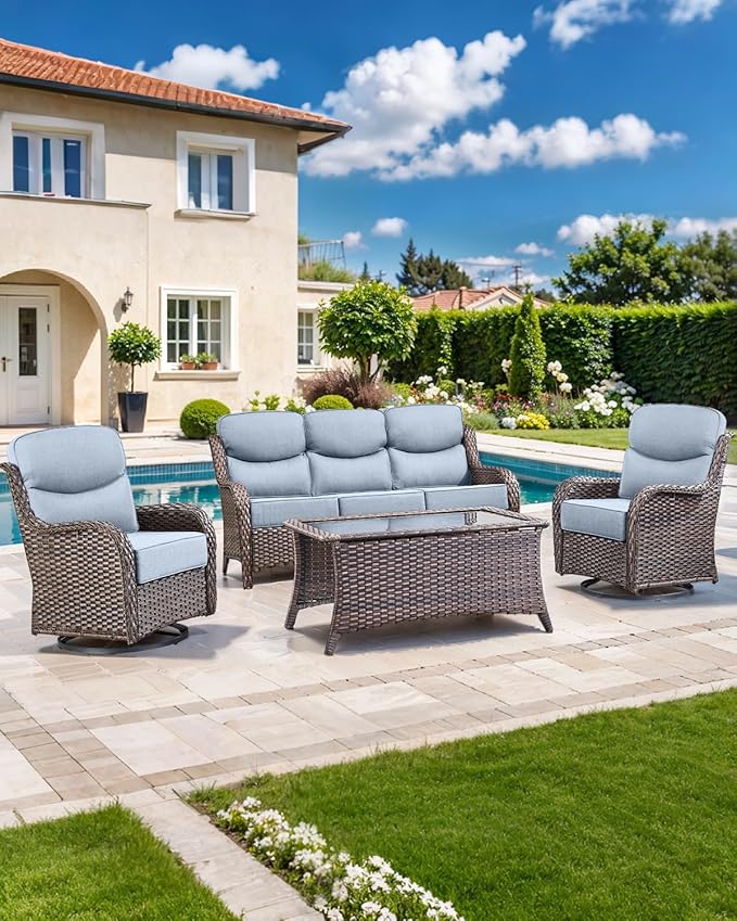 Luxury 22x24/22x25 6-Inch Smile Outdoor Cushions for Patio 5 Piece Set - Set of 5 Zippered Outside Pillows for Wicker Dining Rocking Swivel Chairs Loveseat Couch Sectional Sofa - Baby Blue