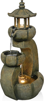 Alpine Corporation WIN1688 32" 2-Layer Pagoda Polystone Fountain with LED Lights, Cascading Waterfall, Outdoor Garden and Patio Water Feature, Zen Décor, Relaxing Sound, Brown