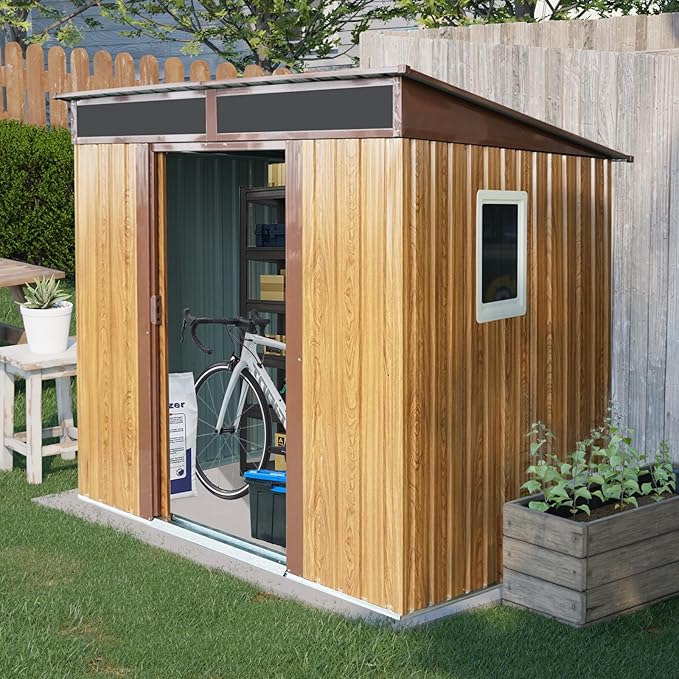 6X5 FT Outdoor Storage Shed, Waterproof Metal Garden Sheds with Lockable Door, Steel Tool Storage Buildings Shed & Outdoor Storage House for Garden, Backyard, Patio, Lawn, Trash Cans(Coffee)