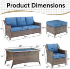 6 Pieces Outdoor Patio Furniture-High Back Rattan Wicker Couch with Outdoor Chairs Patio Conversation Sets for Porch Garden Backyard Poolside-Brown/Blue
