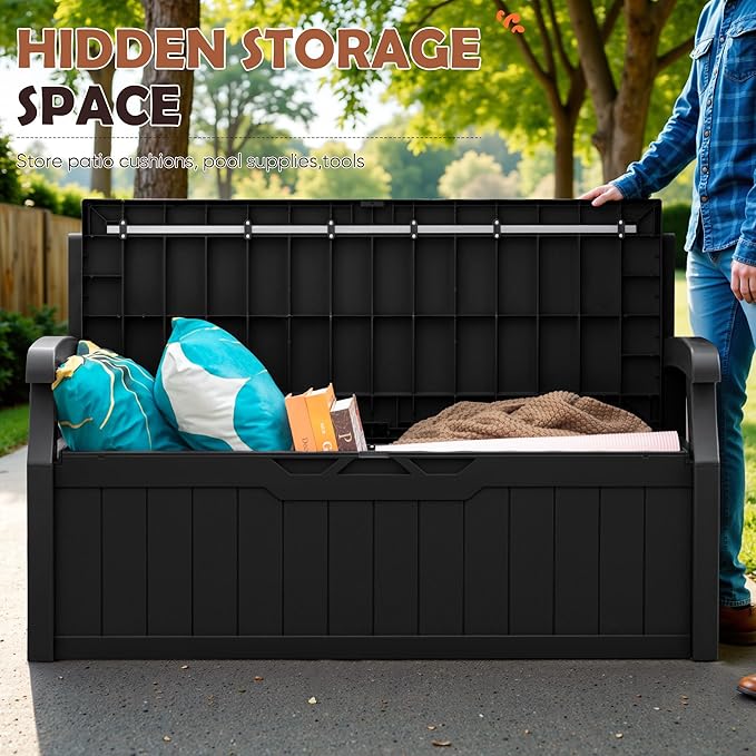 JUMMICO 80 Gallon Resin Outdoor Storage Bench, Large Deck Box with Armrest, Lockable & Waterproof for Garden, Home, Patio, Pools (Black)