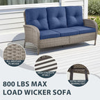 7 Piece Patio Furniture Set with Fire Pit Table - Wicker Patio Conversation Set with Swivel Glider, 3 Seat Sofa, Side Table and 2 Ottomans for Deck Backyard - Grey Wicker Blue Cushion