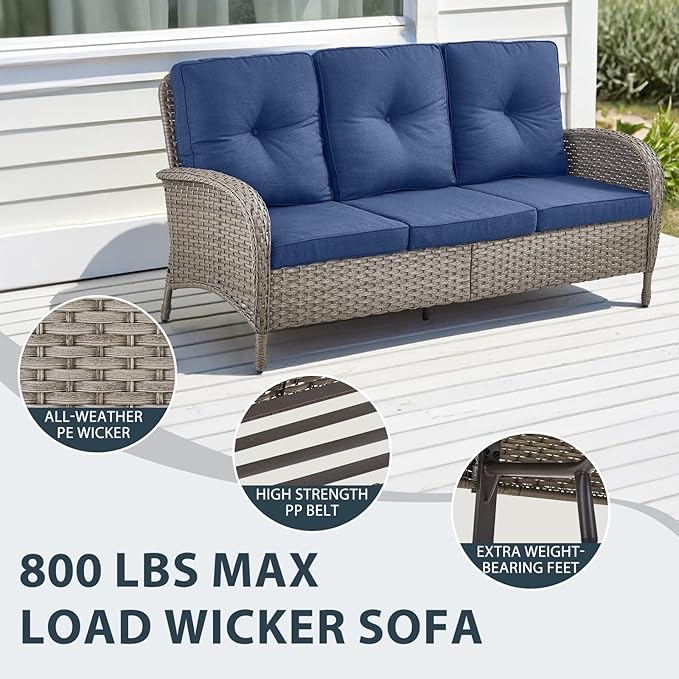 6 Piece Patio Furniture Set - Wicker Patio Conversation Set with Swivel Glider, 3-Seater Sofa, Tempered Glass Side Table and 2 Ottomans for Deck Backyard - Grey Wicker Blue Cushion