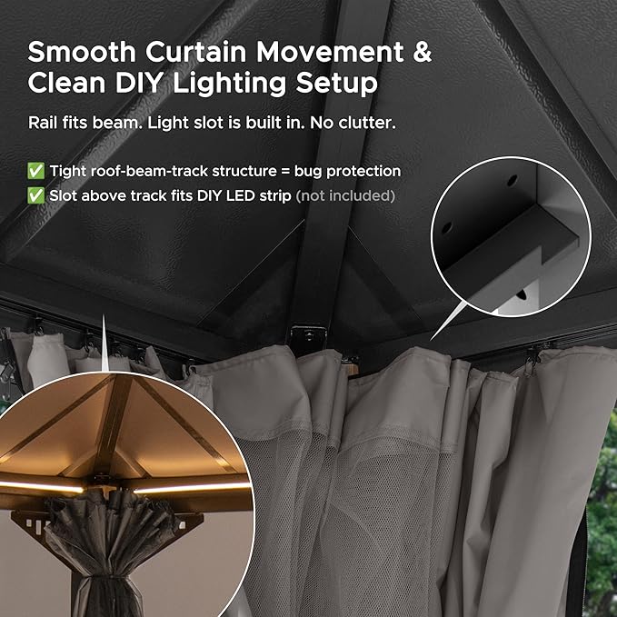 SUNJOY Kingston 12' x 10' Hardtop Gazebo with Galvanized Steel/Polycarbonate Double Roof, Curtain and Netting, Woodgrain Finish Aluminum Posts Permanent Pavilion Gazebo for Garden, Patio, Deck, Lawn