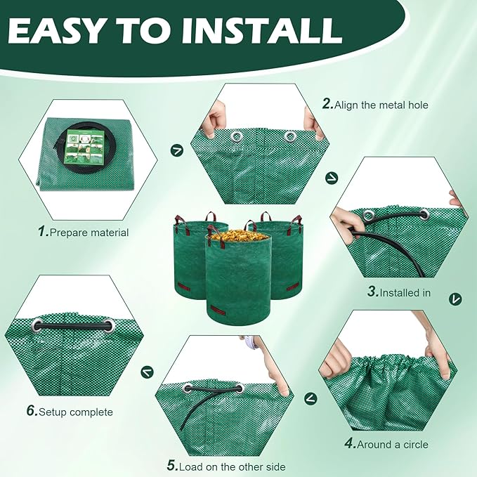 106 Gallons Lawn and Leaf Bags,Reusable Yard Waste Bags with Gardening Gloves,Heavy Duty Garden Bags with 4 Handles for Lawn Care, Camping & Recycling(3 Pack）