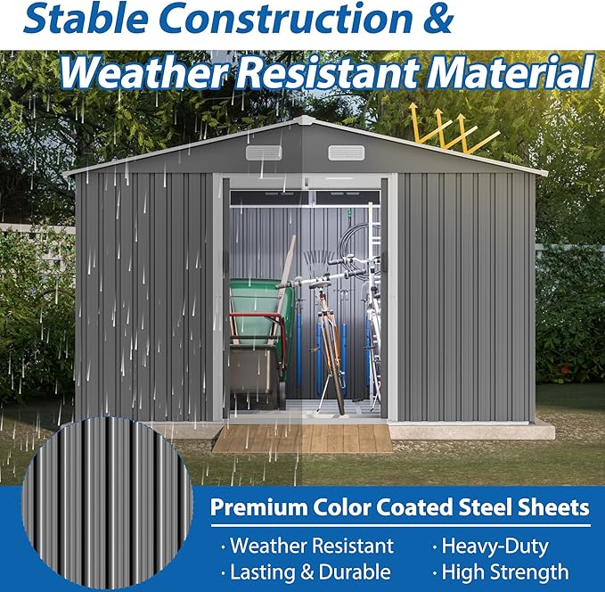 8×10 Ft Metal Outdoor Storage Shed with Floor Base and Sliding Door, 0.25mm Galvanized Steel Metal Garden Tool Shed Waterproof Backyard, Patio, Garden, Dark Grey