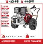Simpson Cleaning 4200 PSI Gas Pressure Washer, 4.0 GPM Power Washer for Commercial Use, Honda Engine, 50-Foot Hose, Aluminum Water Blaster, 49-State (ALWB60828)