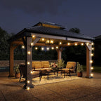 Aoxun 10' x 12' Outdoor Wood Gazebo, Hardtop Gazebo Permanent Wooden Pavilion with Galvanized Steel Double Roof, and LED Outdoor Waterproof Hanging Lights, for Patio, Garden, Deck, Cedar Wood
