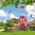BOLITE Hummingbird Feeder, Hand Blown Glass Hummingbird Feeders for Outdoors Hanging, with Ant Moat and 5 Feeding Ports, 22 Ounces, Peony Flower Shape, Red, Gifts for Women Men, Gifts for Mom Dad