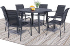 7 Pieces Round Dining Table Set for 6, Patio Dining Set Includes 6 Black Stackable Patio Chairs and 1 Black Round Table Set of 6, Patio Furniture Sets with Sling Support for Outside, Garden