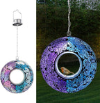 VCUTEKA Mosaic Bird Feeder Solar Fly Through Birdfeeder for Outside Hanging Round Shape Glass Container to Attract More Wild Bird Feeders for Garden Decor as Gift for Bird Lovers, 8-Inch