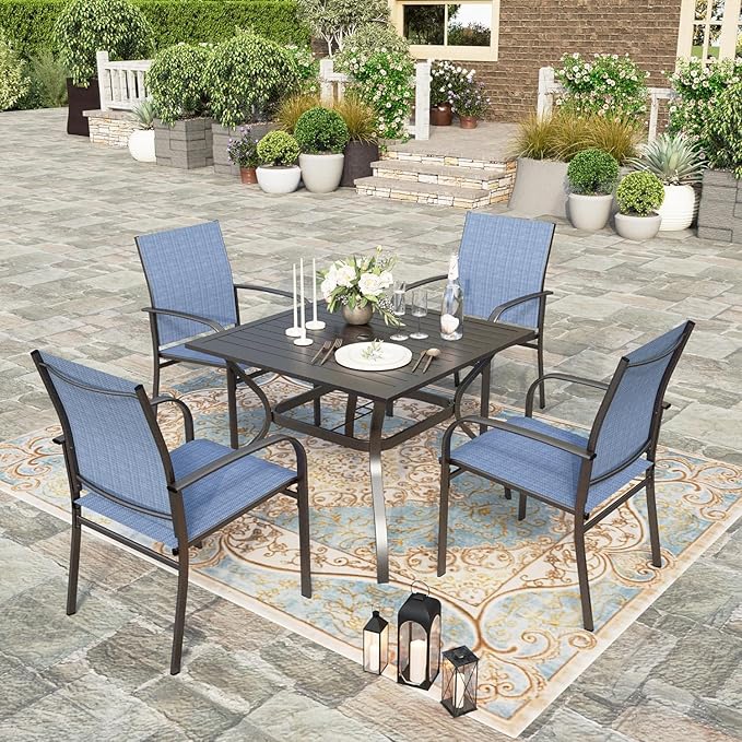 HERA'S HOUSE Patio Dining Chairs Set of 8, 36" Textilene Fabric Outdoor Chairs with Wrought Iron Metal Frame Support 350lbs for Lawn Backyard Garden Kitchen, Blue