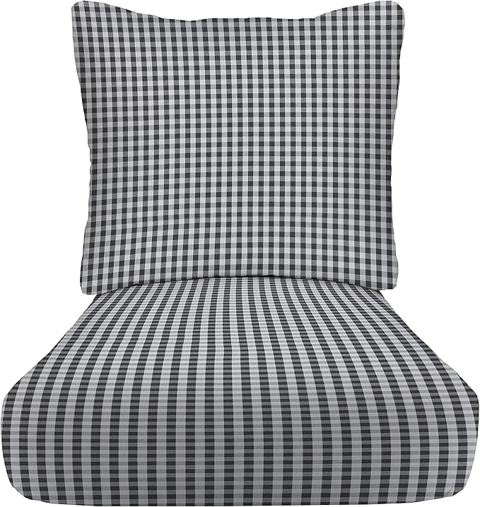 RSH DECOR Deep Seating Cushion with Pillow Back | 22” x 25” Seat | Water and Fade-Resistant Spun Fabric | Outdoor Chair Cushion Set for Patio Furniture | Dawson Pewter Black Plaid