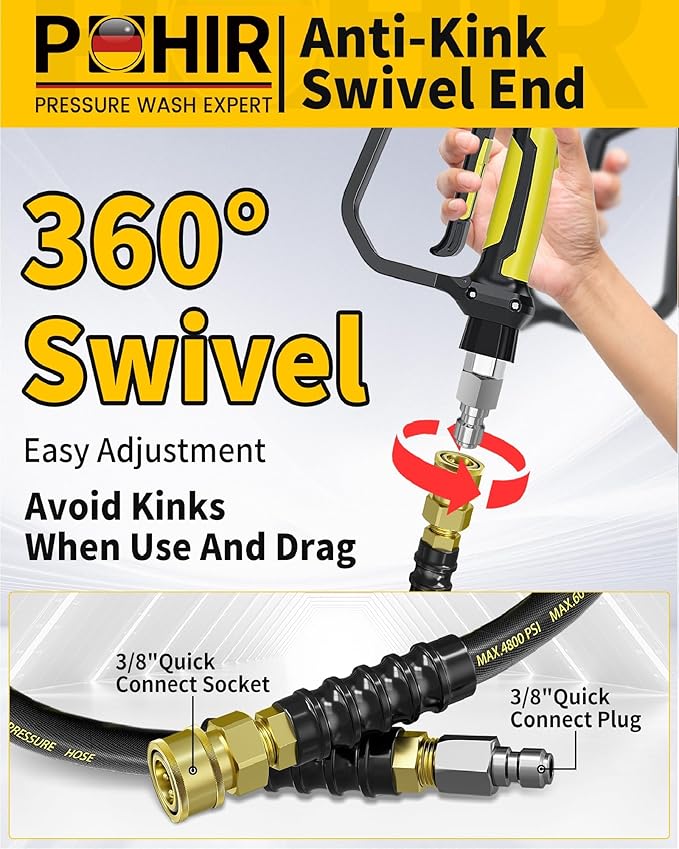 POHIR 3/8" Pressure Washer Hose 100ft 4800PSI, Power Washer Hose Steel Wire Braided with Swivel Quick Connect, Commercial Grade Industrial High Pressure Water Washing Hose (4800PSI, 100FT)