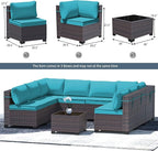 Outdoor Patio Furniture Set, 9 Pieces Outdoor Furniture All Weather Patio Sectional Sofa PE Wicker Modular Conversation Sets with Coffee Table,8 Chairs & Seat Clips(Turquoise Blue)