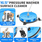 16.5" Pressure Washer Surface Cleaner with 4 Wheels - Coated Blue Stainless Steel Surface Cleaner for Pressure Washer Attachment for Concrete, Driveway, Patio, Sidewalk, Deck and Driveways - PWS165