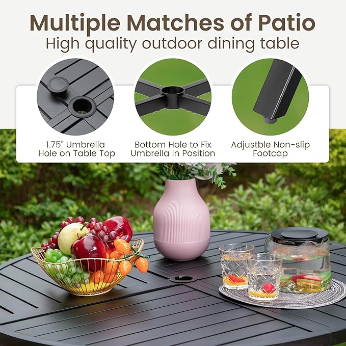 PHI VILLA 5 Piece Patio Dining Table Set for 4, 42” Round Steel Dining Table with Umbrella Hole & 4 Cushioned Wicker Chairs for Outdoor, Deck, Yard, Porch