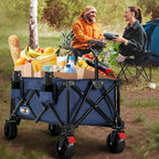 Overmont Collapsible Wagon Cart with Wheels - 180L Foldable Heavy Duty Wagon with Big All-Terrain Wheels - 330Lbs Weight Capacity with Side Pockets for Camping Sports Garden Grocery Shopping Blue