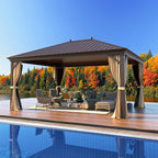 MELLCOM 12'x16' Hardtop Gazebo, Galvanized Steel Metal Double Roof Canopy with Curtains and Netting, Brown Permanent Pavilion Gazebos with Aluminum Frame for Garden, Patio, Lawns, Deck