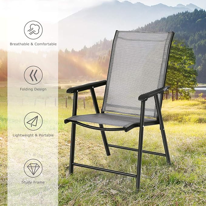 S AFSTAR Patio Chairs Set of 2, Outdoor Foldable Sling Chairs with Armrests, Folding Outdoor Chairs for Lawn Garden Backyard Poolside Porch (Gray)