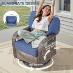 5 Pieces Patio Furniture Set Outdoor Sectional Sofa Couch with Rocking Swivel Chairs 5" Deep Seat Chairs, Modern Wicker Rattan Conversation Set, Blue/Brown Wicker