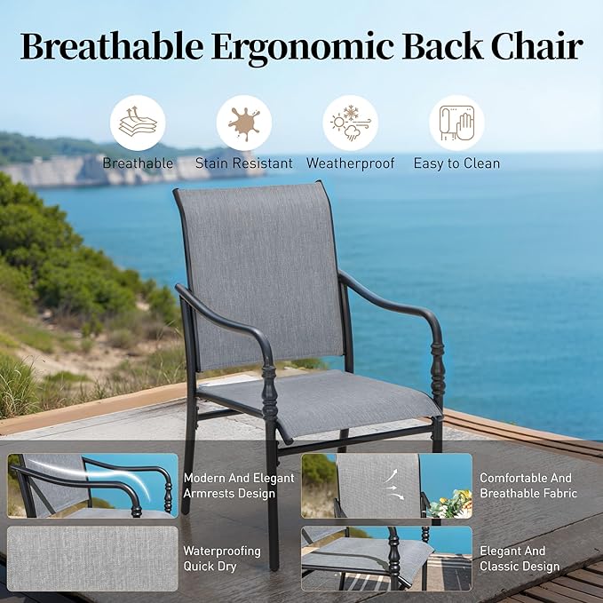Patio Table and Chairs Set of 8, All-Weather Breathable Textilene Patio Chair with Gourd-Shaped Armrests, 60x60 Square Table with Umbrella Hole, 9 Pcs Metal Frame Patio Dining Set