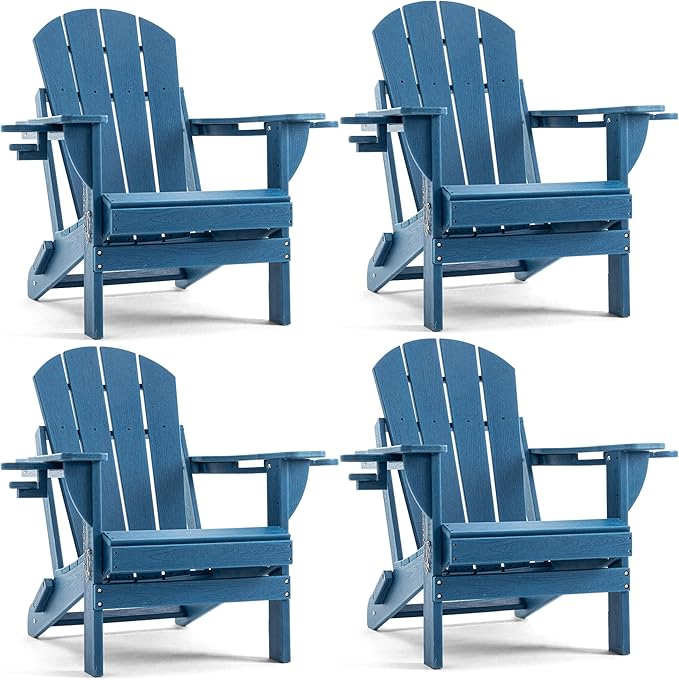 Folding Adirondack Chair, HDPE Outdoor Texture Lawn Chair with Reclining Back, Cup and Phone Holder - Comfortable Firepit Chair Weather Resistant for Patio or Backyard (Blue, Set of 4)