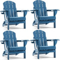 Folding Adirondack Chair, HDPE Outdoor Texture Lawn Chair with Reclining Back, Cup and Phone Holder - Comfortable Firepit Chair Weather Resistant for Patio or Backyard (Blue, Set of 4)