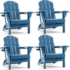 Folding Adirondack Chair, HDPE Outdoor Texture Lawn Chair with Reclining Back, Cup and Phone Holder - Comfortable Firepit Chair Weather Resistant for Patio or Backyard (Blue, Set of 4)