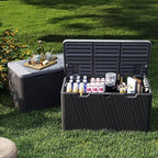 110 Gallon Outdoor Storage Box, Waterproof Patio Deck Box with Lockable Lid, Heavy-Duty HDPE Bench for Garden Tools,Cushions (Black, 110 Gallon)