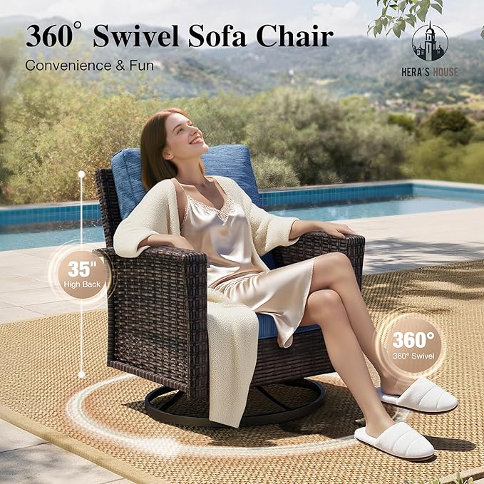 HERA'S HOUSE High Back Patio Furniture Set with Swivel Chairs, All Weather Outdoor Wicker Sofa Set, 6 Pieces Patio Conversation Sets with 5.5" Comfy Cushions for Lawn Deck Backyard, Navy Blue