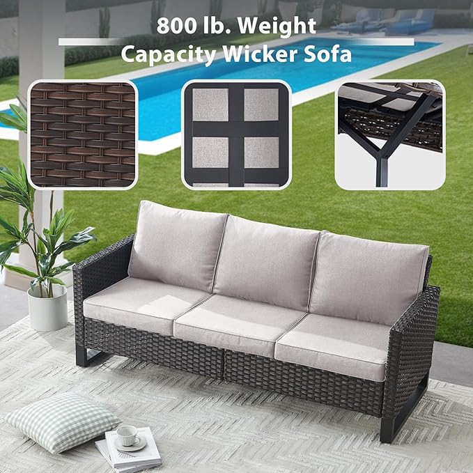 9 Piece Wicker Patio Furniture Set - Outdoor Swivel Rocker Chairs Set with Coffee Table, Rattan Chairs, 3 Seat Sofa & Ottomans, Patio Conversation Sets for Bcakyard Deck - Brown/Beige