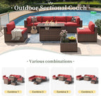 Aoxun 8 Piece Patio Furniture Set with 44” Fire Pit Table Wicker Rattan Outdoor Sectional Sofa Set with Coffee Table and Thickened Cushions, Red (Waterproof Cover Included)