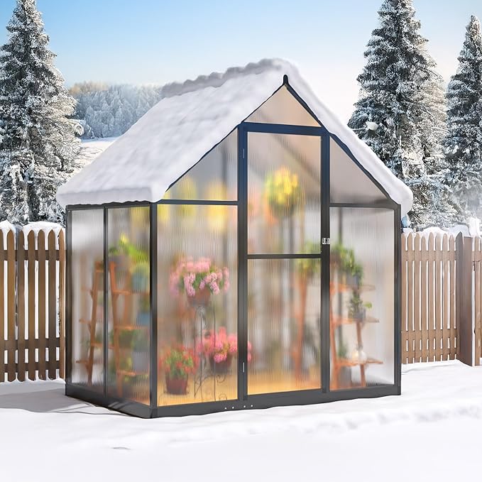 WKM Greenhouse for Outdoors 4x6 FT, Polycarbonate Green House with Roof Vent and Quick Setup Structure, Aluminum Greenhouse for Garden Backyard, Black