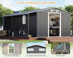 Jocisland 12x12x6.6 FT Galvanized Metal Storage Shed with Open Firewood Bay, Sliding Doors & Ramp, 2 Windows & Vents, Weather-Resistant Outdoor Tool/Garden Shed, Dark Grey/White