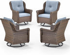 Patio Chairs Outdoor Swivel Glider - Set of 4 High Back Outside Brown Wicker Rattan Rocking Chair with Thick Cushion for Porch Apartment Deck Yard Poolside Garden - Baby Blue