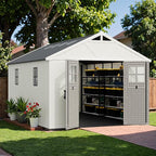 Greesum 10×14 FT Plastic Outdoor Storage Shed with Floor and Lockable Door, Resin Sheds with Windows and Skylights, Weather Resistant Organization for Garden, Lawn, Pool Supplies, Beige