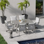 HAPPATIO 7-Piece Outdoor Dining Set - All Aluminum Patio Dining Set for 6 Includes 1 Rectangular Table, 4 Dining Chairs, and 2 Swivel Chairs with Cushions for Lawn, Garden