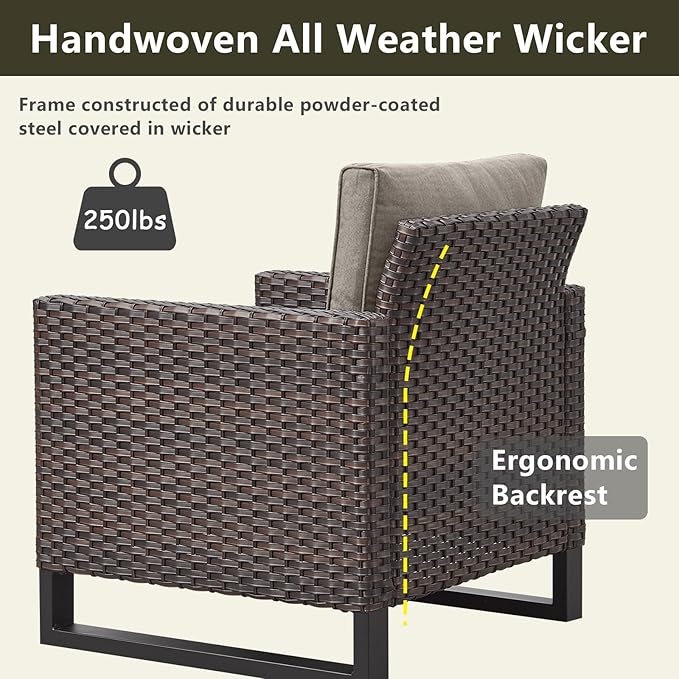 Rilyson Wicker Outdoor Patio Furniture Set - 5 Piece Patio Conversation Set with 2 Wicker Armrest Chairs,2 Rattan Ottoman and 1 Couch for Outside Porch Deck Backyard Garden(Brown/Grey)