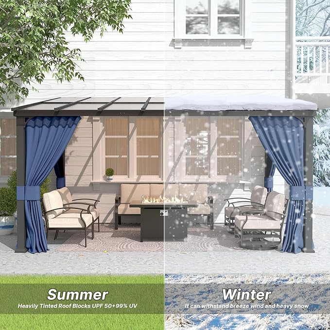 Gotland 10FTx12FT Outdoor Wall-Mounted Hardtop Pergola, Metal Frame Gazebo with Sloping Sun Panel Roof and Double Curtains for Patio, Garden, Lawn, Navy