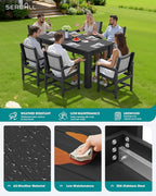 SERWALL 7 Piece Outdoor Dining Table Sets for 6 with 1 Umbrella Hole Cut-Out Rectangular Table and 6 Textilene Chairs, HDPE Dining Table Sets for Garden, Backyard, Poolside, Black