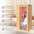 1-Person Home Infrared Dry Sauna Cabin 1600W/110V – Canadian Hemlock Wood, Tempered Glass Door, Red-Light Therapy & Bluetooth Speaker, Easy DIY Assembly, Size 37.1″×35.8″×74″