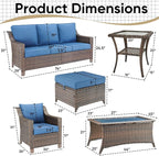Patio Furniture Set-7 Pieces Outdoor All-Weather Wicker Conversation Set Outdoor Rattan Sofa Couch with Patio Chairs Ottomans for Porch Garden Backyard Poolside-Brown/Blue