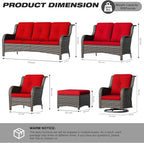 Joyside 5 Piece Outdoor Patio Furniture Set Wicker Conversation Bistro Set Swivel Rocking Chairs with Side Table and Ottomans for Backyard, Porch, Deck(Mixed Grey/Red)